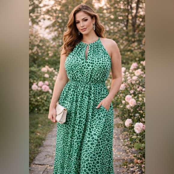 Jennifer Lopez Green Leopard Print Halter Maxi Dress Size 16 Casual Feminine - Picture 2 of 14